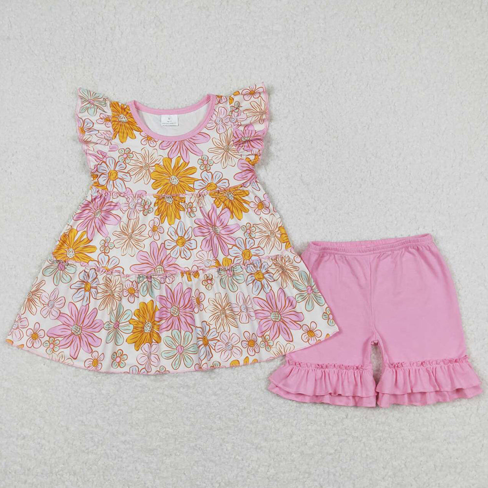 Baby Girls Clothes Orange Flowers Tunic Pink Shorts Summer Sets GSSO0616