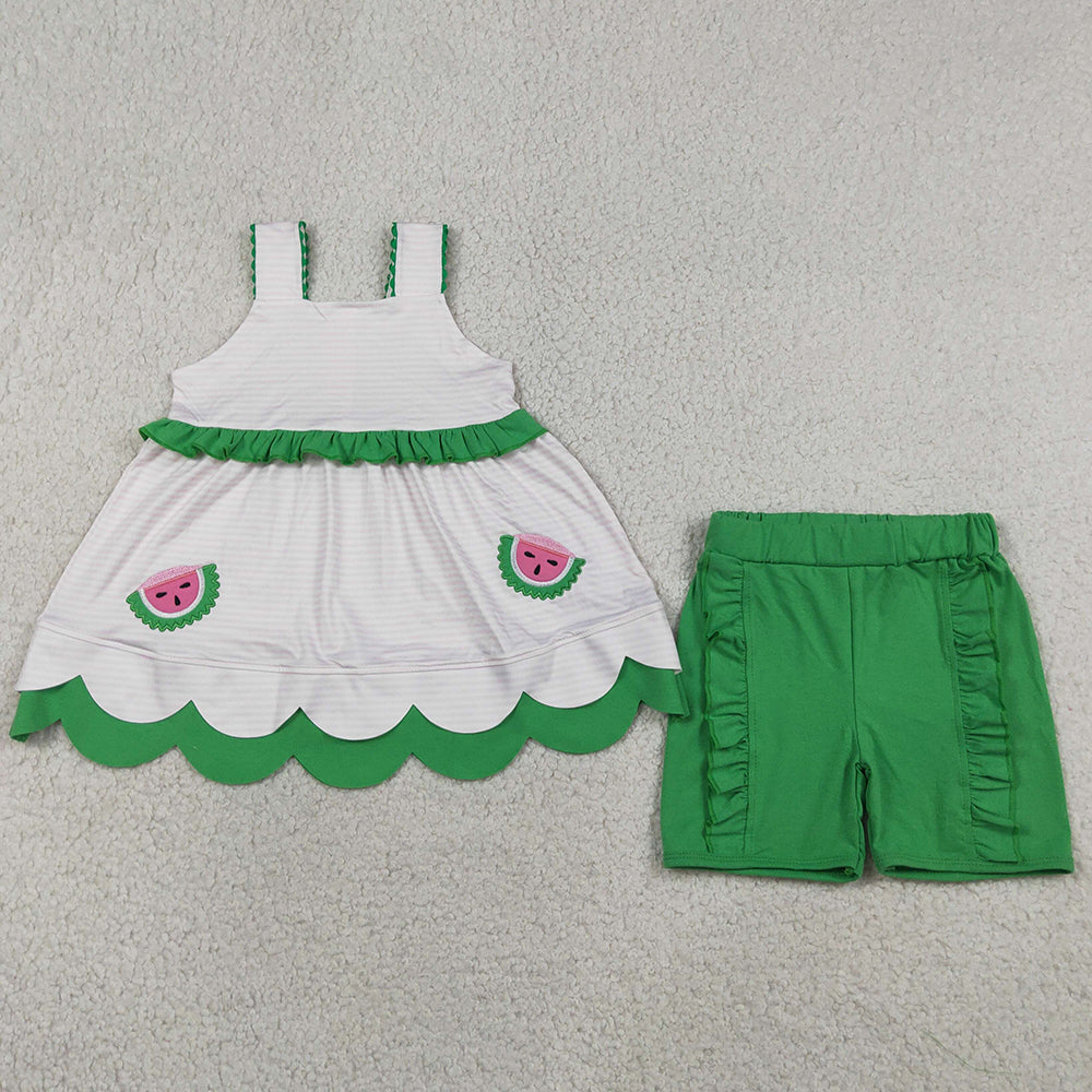 Baby Girls Clothes Embroidery Watermelons Scallop Tunic Ruffle Short Clothes Sets GSSO3164