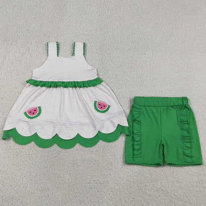 Baby Girls Clothes Embroidery Watermelons Scallop Tunic Ruffle Short Clothes Sets GSSO3164