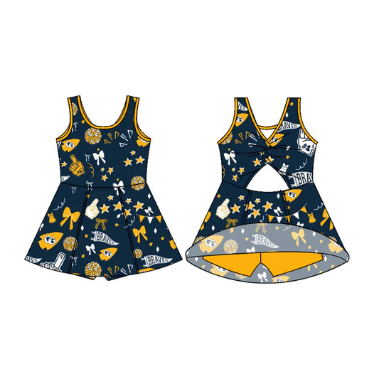 Preorder (moq 5)Baby Girls Sleeveless Navy Braves Football Team Shorts Dresses 7.11