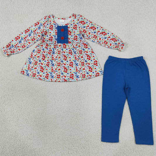 Baby Girls Clothes Red Blue Flowers Button Tunic Leggings Fall Clothes Sets GLP3522
