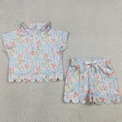 Baby Girls Clothes Bows Flowers Zip Pullovers Top Pockets Short Scallop Clothes Sets GSSO3575