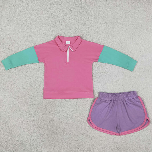 Baby Girls Long Sleeve Patchwork Zip Pullovers Short Clothes Sets GLS0193