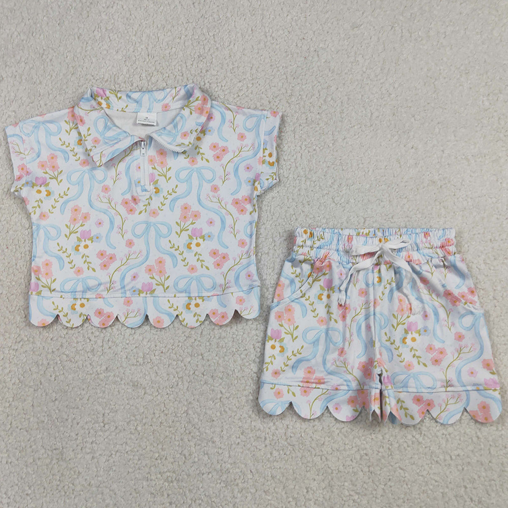 Baby Girls Clothes Bows Flowers Zip Pullovers Top Pockets Short Scallop Clothes Sets GSSO3575
