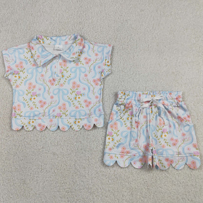 Baby Girls Clothes Bows Flowers Zip Pullovers Top Pockets Short Scallop Clothes Sets GSSO3575