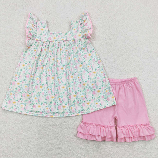 Baby Girls Clothes Pink Flowers Tops Ruffle Shorts Sets GSSO0487