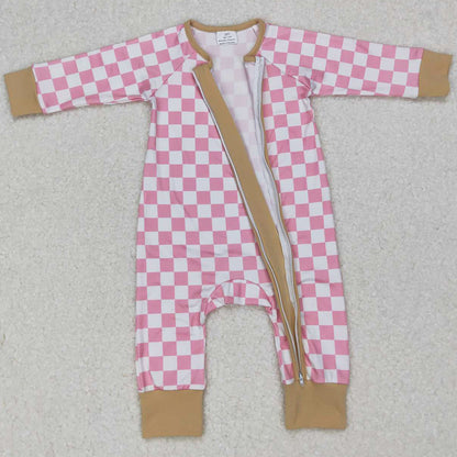 Baby Infants Rompers Kids Pink Checkered Zip Long Sleeve Rompers LR0731