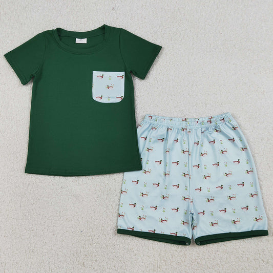 Baby Boys Clothes Dark Green Ducks Pocket Top Shorts Hunting Clothes Set BSSO1899