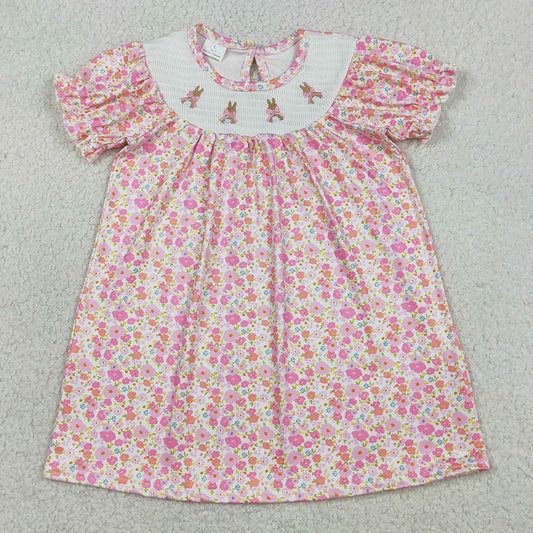 Baby Girls Dress Smocked Bows Rabbits Pink Flowers Easter Knee Length Dress GSD3406