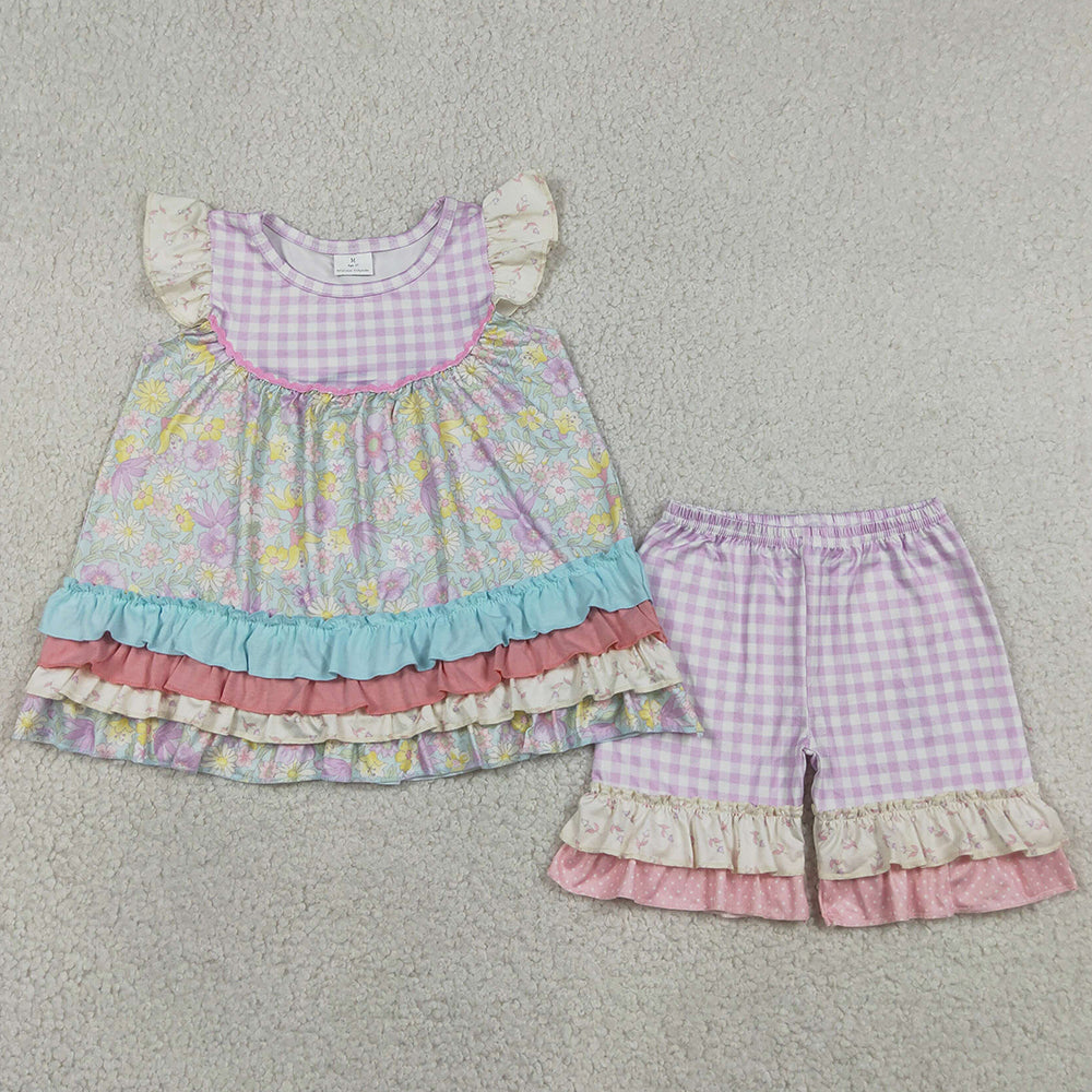 Baby Girls Clothes Colorful Flowers Patchwork Tunic Ruffle Shorts Clothes Sets GSSO3485