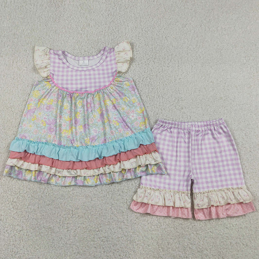 Baby Girls Clothes Colorful Flowers Patchwork Tunic Ruffle Shorts Clothes Sets GSSO3485