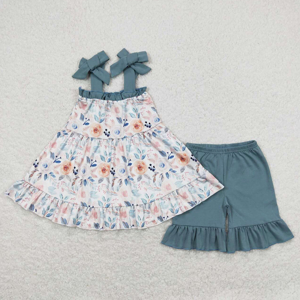 Baby Girls Clothes Dark Blue Flowers Straps Tunic Top Ruffle Shorts Sets GSSO0562