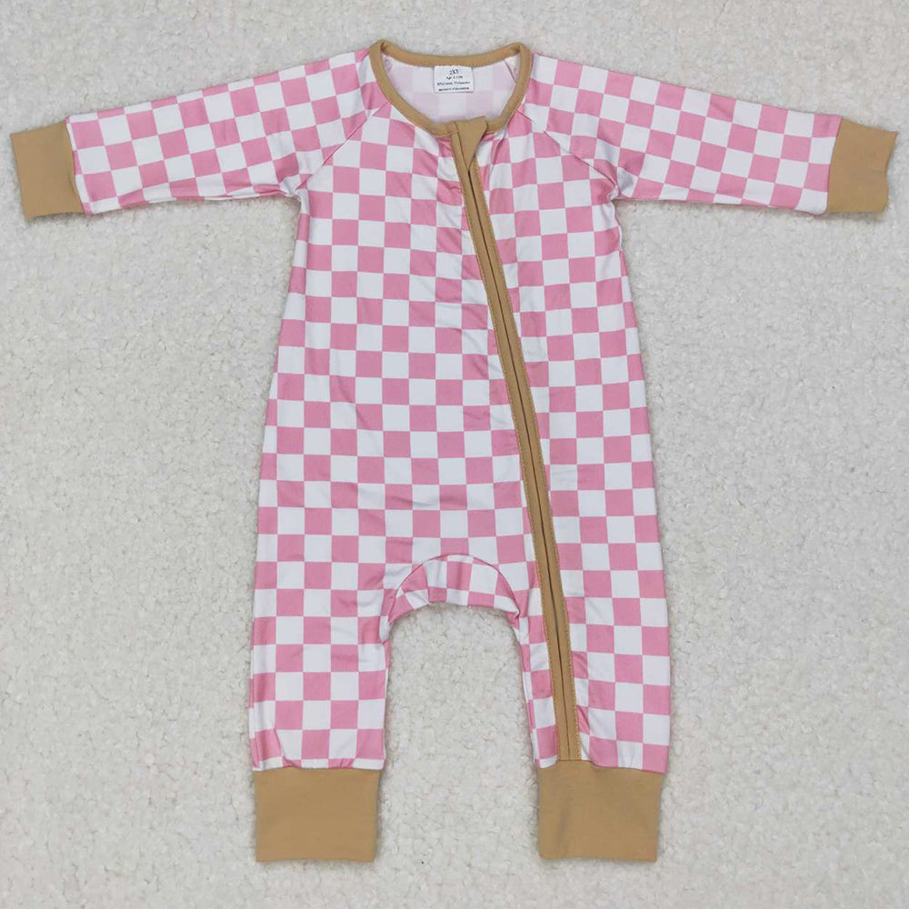 Baby Infants Rompers Kids Pink Checkered Zip Long Sleeve Rompers LR0731