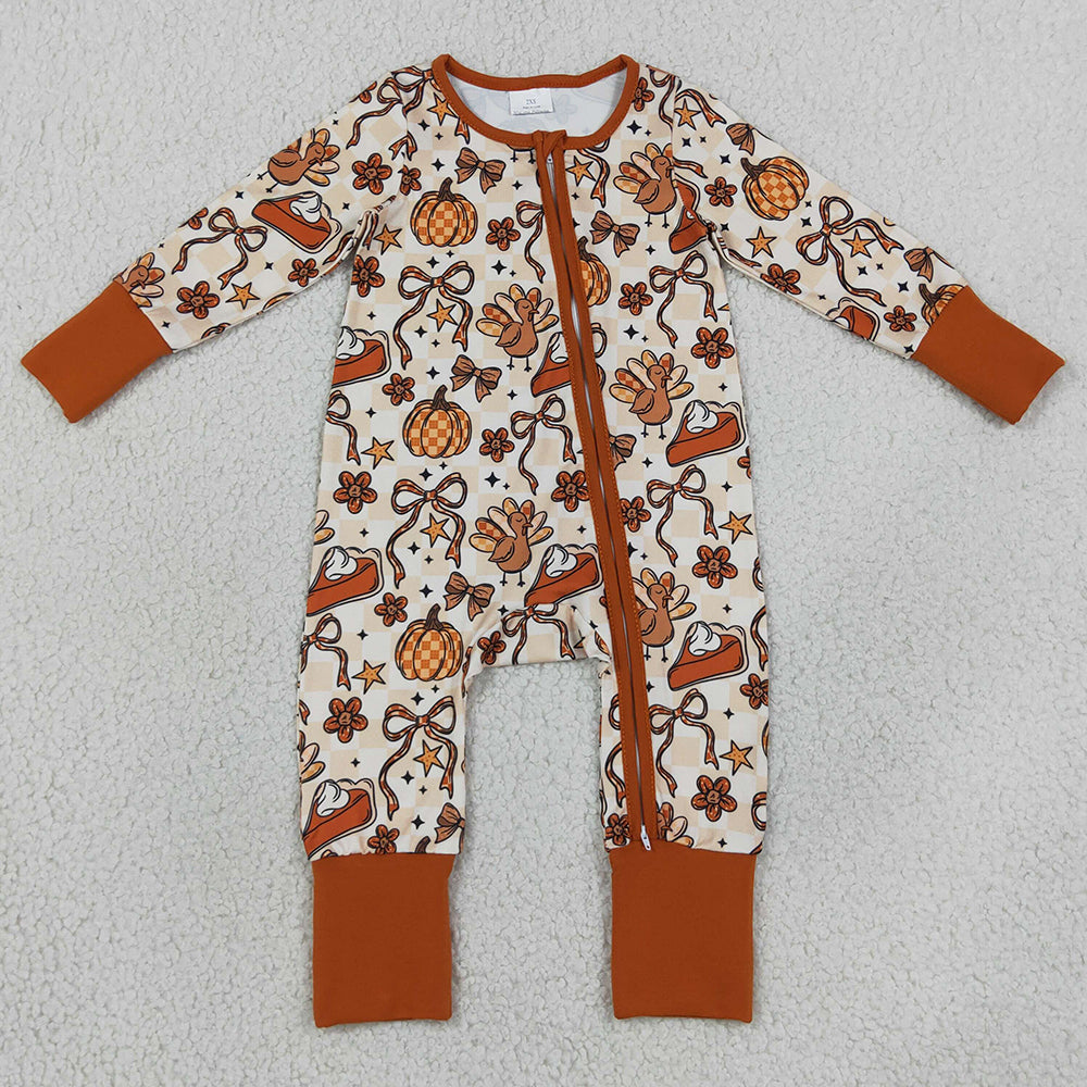 Baby Girls Rompers Turkey Pumpkins Bows Thanksgiving Zip Rompers LR3119