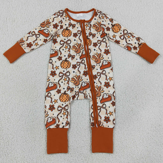 Baby Girls Rompers Turkey Pumpkins Bows Thanksgiving Zip Rompers LR3119