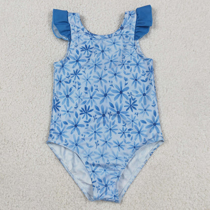 Baby Girls Swimsuits Flutter Sleeve Blue Flowers One Piece Bummies Swimsuits S0515