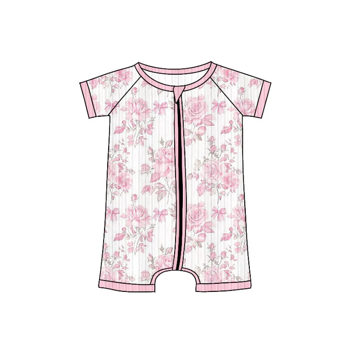 Preorder (moq 5)Baby Girls Short Sleeves Lavender Floral Zipper Shorts Rompers 6.4