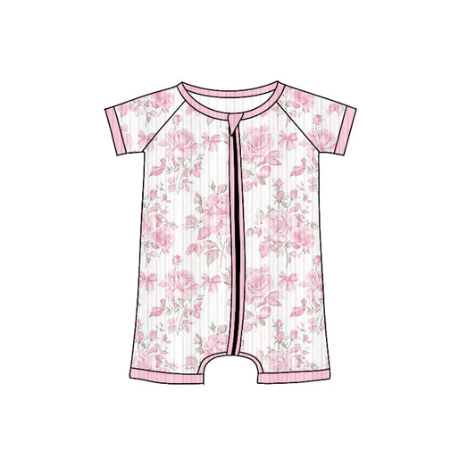 Preorder (moq 5)Baby Girls Short Sleeves Lavender Floral Zipper Shorts Rompers 6.4