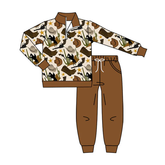 Preorder (moq 8)Baby Boys Hats Horse Rodeos Zipper Pullover Pockets Jogger Western Clothes Sets 9.11