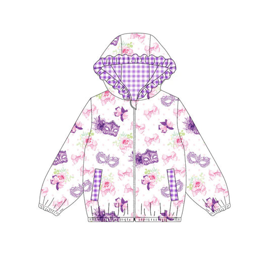 Preorder (moq 5)Baby Girls Mardi Gras Masks Bows Flowers Pockets Zipper Ruffle Hoodies Top 9.3