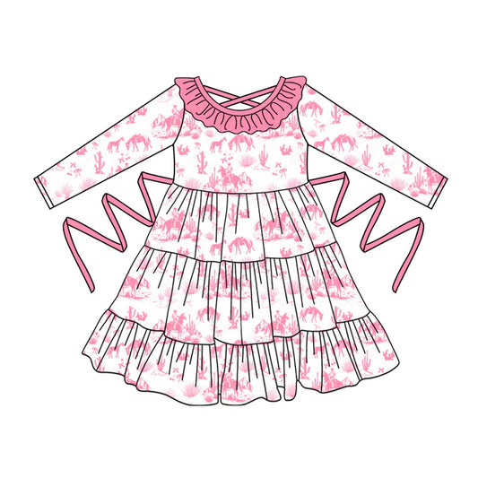 Preorder moq 5 Baby Girls Long Sleeves Pink Horse Rodeos With Belt Ruffle Knee Length Dresses 5.2