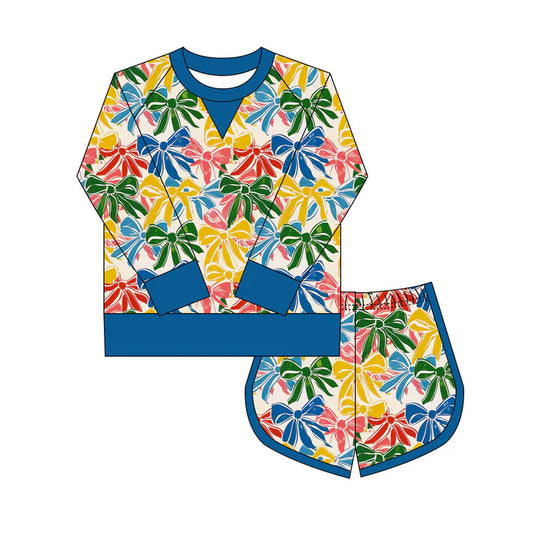 Preorder(moq 8)Baby Girls Colorful Bows Plaid Long Sleeve Top Shorts Clothes Set 9.29