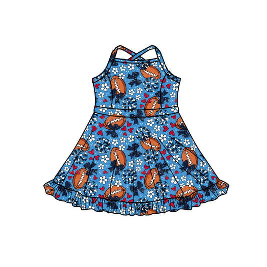 Preorder (moq 5)Baby Girls Strap Hot Blue Hearts Footballs Team Shorts Ruffle Knee Length Dress 1.13