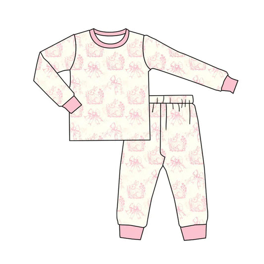 Preorder (moq 8)Baby Girls Pink Flowers Rabbits Top Pants Easter Pajamas Sets 9.19