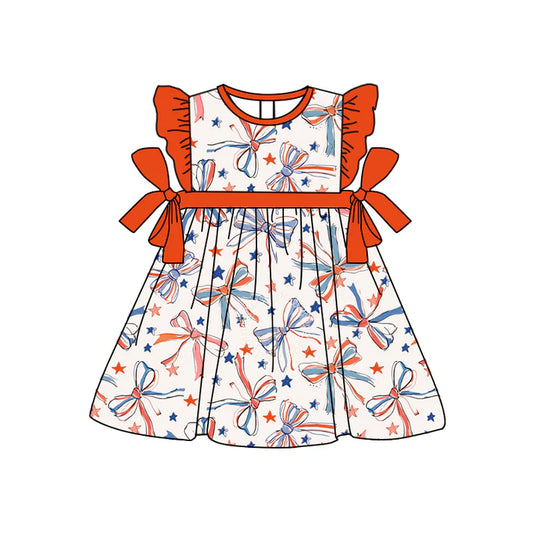 Preorder moq 5 Baby Girls Orange Flutter Sleeves Bows Stars 4th Of July Knee Length Dress 4.22