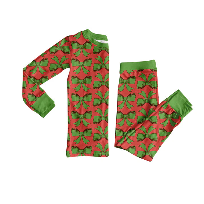 Preorder (moq 5)Baby Girls Green Bows Plaid Top Pant Christmas Pajamas Set 8.4