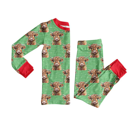 Preorder (moq 8)Baby Boys Lights Highland Cows Top Pants Christmas Pajamas Sets 9.17