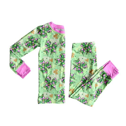 Preorder (moq 8)Baby Girls Clovers Bows Top Pants St Patrick Pajamas Sets 9.22