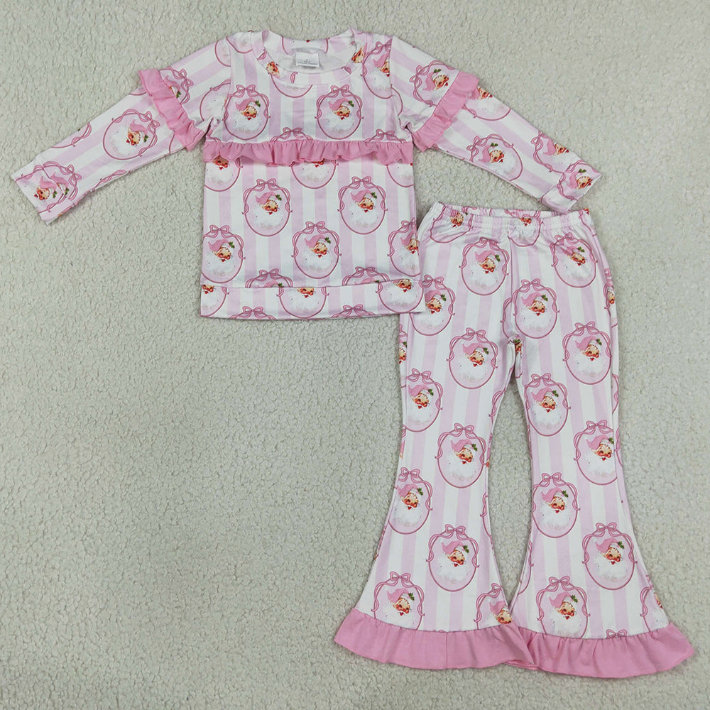 Baby Girls Clothes Pink Stripe Bows Santa Top Bell Bottom Pant Christmas Clothes Sets GLP3450