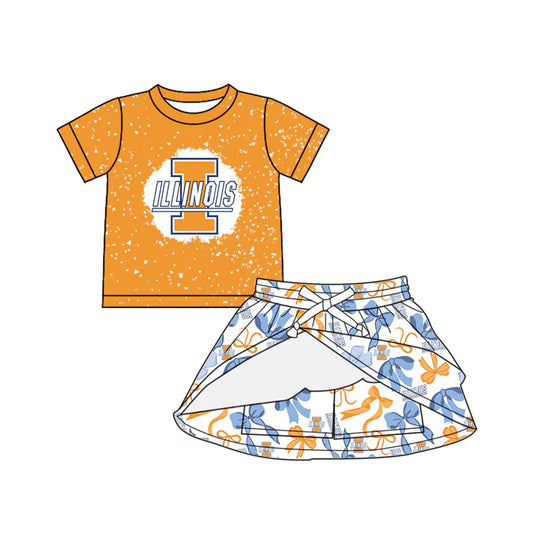 Preorder (moq 5)Baby Girls Orange Short Sleeves T illinois Top Blue Bows Skorts Team Set 6.17