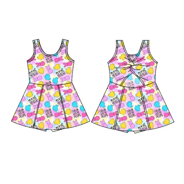 Preorder(moq 5) Baby Girls Sleeveless Colorful Rabbits Chicks Easter Shorts Knee Length Dresses 10.28