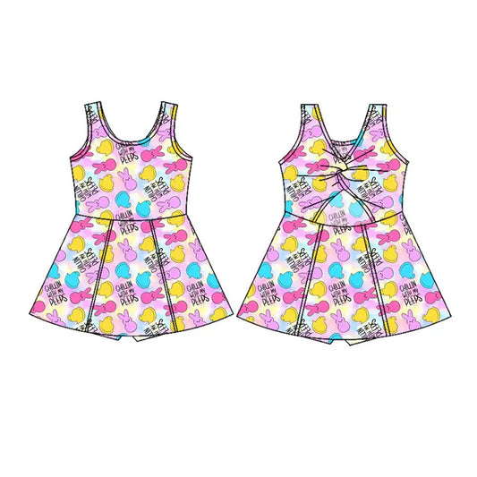 Preorder(moq 5) Baby Girls Sleeveless Colorful Rabbits Chicks Easter Shorts Knee Length Dresses 10.28
