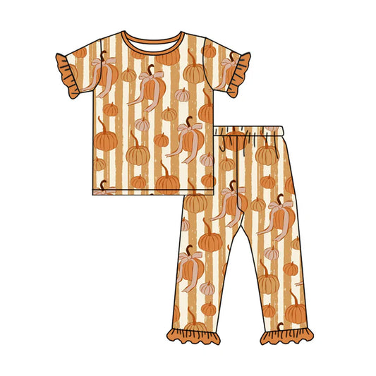 preorder(MOQ 5)Baby Girls Short Ruffle Sleeves Pumpkins Stripes Top Pants Pajamas Set 5.10