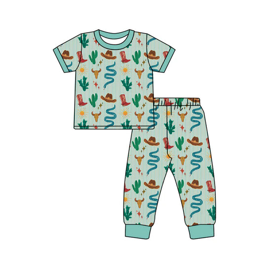 preorder(MOQ 5)Baby Boys Short Sleeves Bull Skull Cactus Top Pants Pajamas Set 5.10
