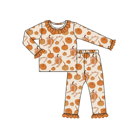 preorder(MOQ 5)Baby Girls Long Ruffle Sleeves Bows Pumpkins Top Pants Pajamas Set 5.10