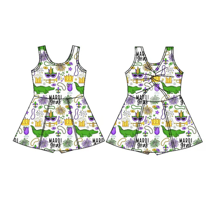 Preorder(moq 5) Baby Girls Sleeveless Mardigras Crocodiles Masks Shorts Knee Length Dresses 10.28