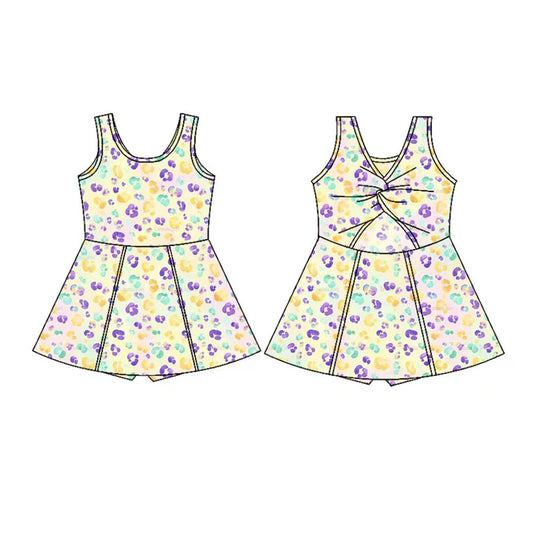 Preorder(moq 5) Baby Girls Sleeveless Mardigras Leopard Shorts Knee Length Dresses 10.27