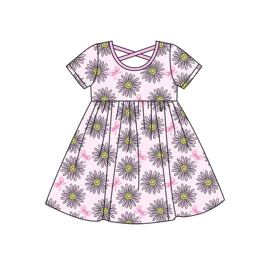 Preorder (moq 8)Baby Girls Pink Sunflowers Bows Knee Length Dresses 9.16