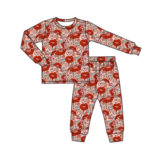 Preorder(moq 8)Baby Girls Red Flowers Checked Top Pants Valentine Pajamas Set 9.30