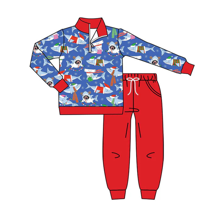 Preorder(moq 8)Baby Boys Hats Sharks Zipper Pullover Pockets Jogger Christmas Clothes Sets 10.1