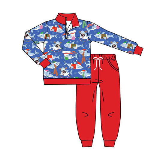 Preorder(moq 8)Baby Boys Hats Sharks Zipper Pullover Pockets Jogger Christmas Clothes Sets 10.1