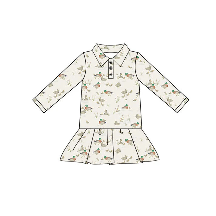 Preorder(moq 5) Baby Girls Ducks Plaid Button Ruffle Knee Length Dresses 10.30