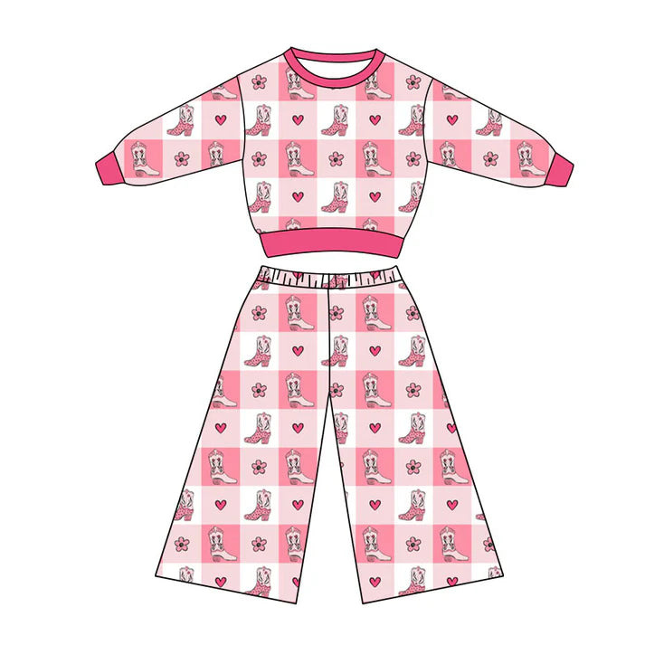 Preorder(moq 5) Baby Girls Howdy Boots Hearts Checked Top Flare Pants Western Clothes Sets 10.27
