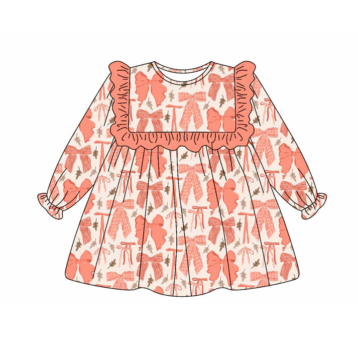 Preorder (moq 5)Baby Girls Long Ruffle Sleeves Peach Leaves Bows Knee Length Dresses 5.20