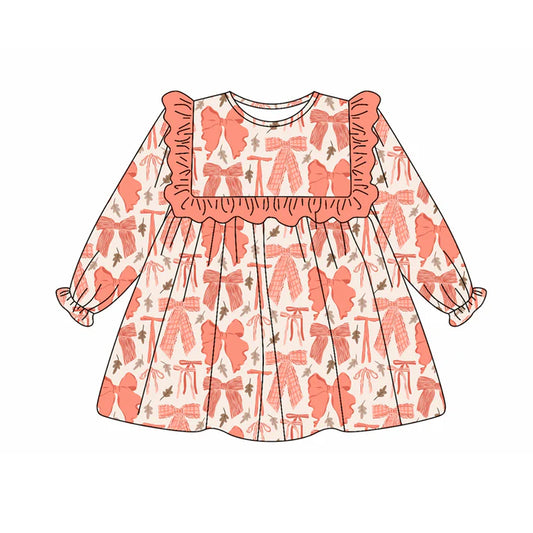 Preorder (moq 5)Baby Girls Long Ruffle Sleeves Peach Leaves Bows Knee Length Dresses 5.20