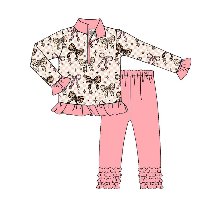 Preorder (moq 8)Baby Girls Bows Stars Checked Zipper Pullover Ruffle Legging Pants Clothes Set 9.8